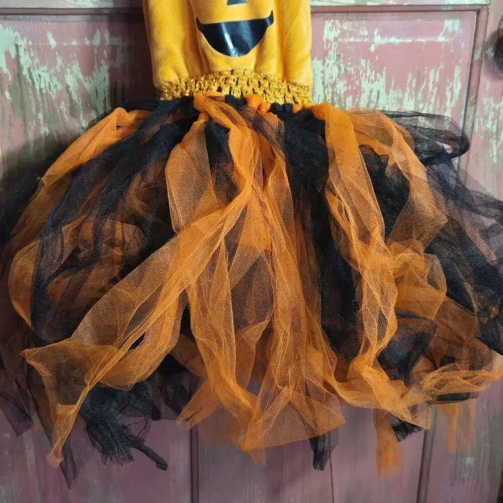 Halloween Costume Pumpkin‎ Dress Orange Black Tulle Skirt Dress Toddler M 3T ?